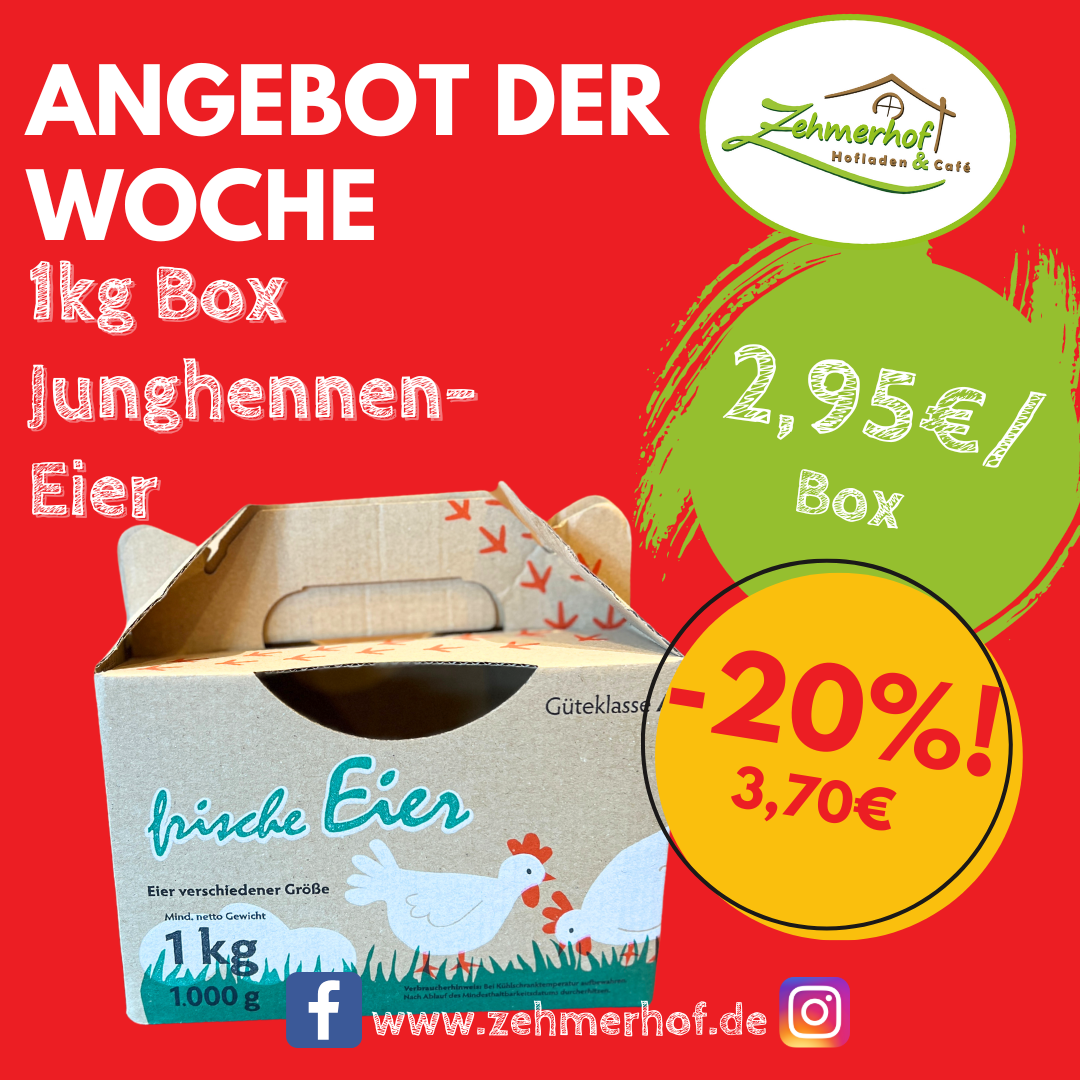 Liebe Zehmerhof-Freunde, in dieser Woche haben wir ein besonderes Schmankerl für euch: Vom 03. bis 08. Juni bieten wir euch unsere beliebte 1kg Junghennen Eier Box für nur 2,95€ statt 3,70€ an – das sind 20% Ersparnis! Doch was hat es mit den Junghennen